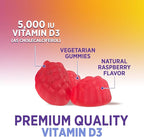 Vitamin D3 Gummies 125 mcg (5000 IU) Per Serving - 3X Strength Immune Support & Bone Support, Vitamin D Gummy Dietary Supplement, Nature's Berry D Vitamin Supplement, Raspberry Flavored - 60 Gummies