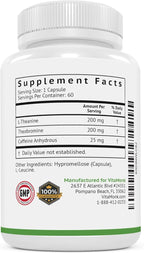 VitaMonk Low Dose Caffeine and Theanine - No Jitters, No Crash- Microdose of Caffeine L Theanine Pills with Caffeine Theanine and Theobromine - 25mg of Caffeine, Caffeine Pills L Theanine - 60 Caps