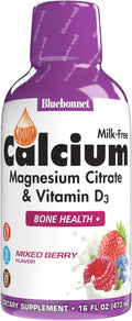 Bluebonnet Nutrition Liquid Calcium Citrate, Magnesium, Vitamin D3, Bone Health, Gluten Free, Soy Free, Milk Free, Kosher, 16 fl oz, 32 Servings, Mixed Berry Flavor