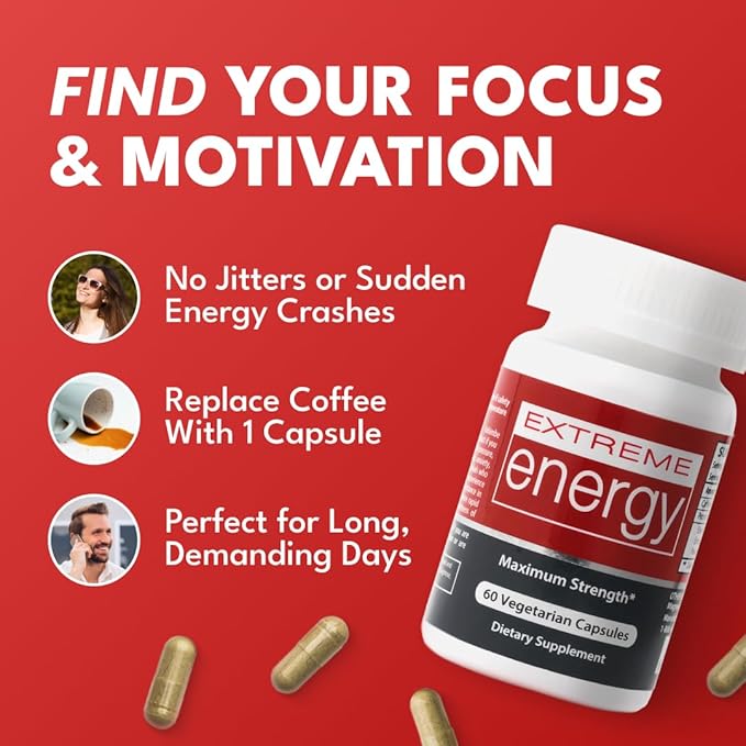 Herbal Nitro Extreme Energy Pills - 6 to 10 Hour Boost, No Crash or Jitters Maximum Strength Natural Energy Supplement for Women & Men - Fatigue, Focus & Motivation (60 Count)