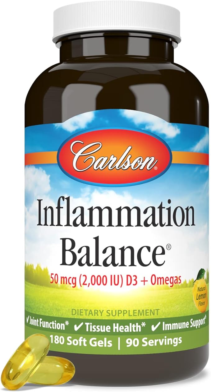 Carlson - Inflammation Balance, Balanced Omega-3 & Omega-6 Ratio, with D3, Norwegian, Wild-Caught Fish Oil Supplement with Fatty Acids, Sustainably Sourced Fish Oil Capsules, 180 Softgels