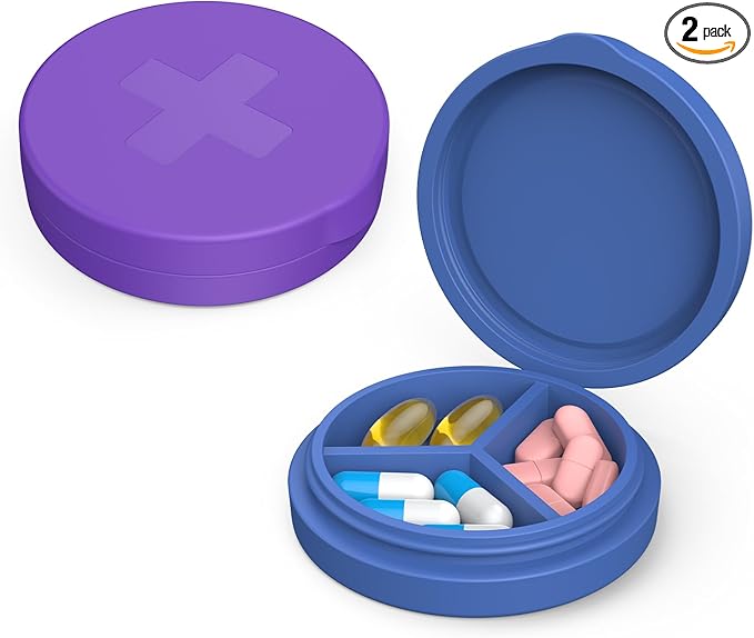 2 Pack Small Pill Box,Premium Thick Silicone 3 Compartment Travel Pill Box for Home/Desk Organizer, Portable Compact Medicine Holder for Vitamin, Cod Liver Oil, Supplement(Purple+Blue)
