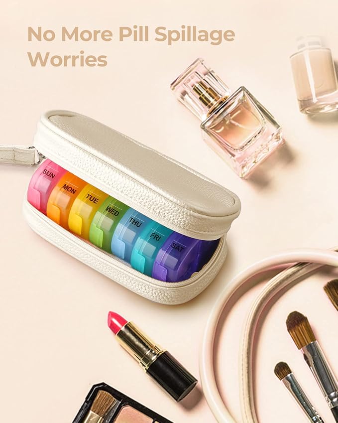 AMOOS Cute Pill Organizer 2 Times a Day, PU Leather Pill Case for Women, Portable Weekly Pill Box for Purse with Storage Bag to Hold Vitamins, Medications, Fish Oils, Supplements (Beige)
