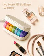 AMOOS Cute Pill Organizer 2 Times a Day, PU Leather Pill Case for Women, Portable Weekly Pill Box for Purse with Storage Bag to Hold Vitamins, Medications, Fish Oils, Supplements (Beige)