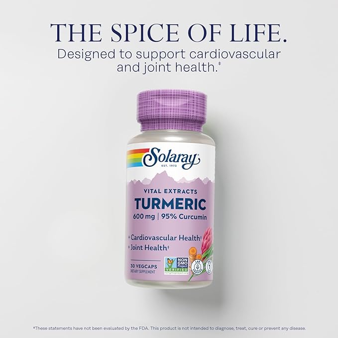 SOLARAY Turmeric Supplement 600mg - Turmeric Root with 95% Curcumin - Joint Support Supplement - Joint Health, Gallbladder and Liver Support, Non-GMO, Vegan, Gluten Free, 60-Day Guarantee, 30 Servings