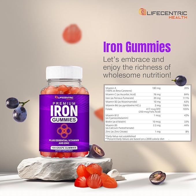 LifeCentricHealth Iron Gummies | Biotin Zinc Vitamin B Folic Acid Gummies | Vegan Gluten Free for Women & Men
