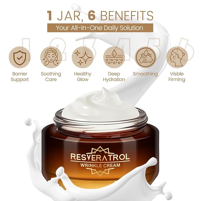 Resveratrol Wrinkle Cream, Anti Aging Face Cream for Women, Promote Firmer Skin & More Even Skin Tone, Lightweight Hydrating Facial Moisturizer, Improves Skin Elasticity, Repairs Damage, 50g/e1.764oz