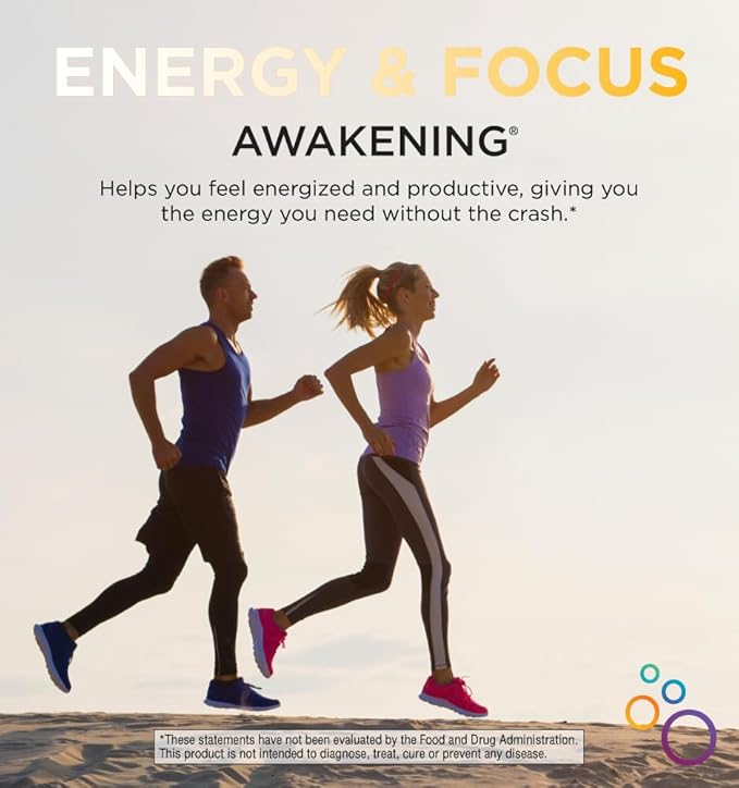 Awakening Natural Energy & Focus Supplement with Panax Ginseng, Guarana Extract & Chromium Picolinate | Brain Supplement for Focus, Energy, Mood & Clarity | Gluten Free Veggie, USA - 60 Caps