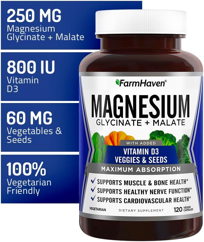 FarmHaven Magnesium Complex –Magnesium Glycinate & Malate w/Vitamin D3, 100% Chelated for Max Absorption, Vegetarian – Bone Health, Nerves, Muscles, 120 Capsules, 60 Days