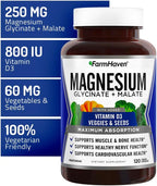 FarmHaven Magnesium Glycinate & Malate Complex w/Vitamin D3, 100% Chelated for Max Absorption- Bone Health, Nerves, Muscles, 240 Capsules, 120 Days