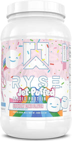 RYSE Loaded Protein Powder - Jet-Puffed Birthday Cake - 25g Whey Protein Isolate & Concentrate with Prebiotic Fiber & MCTs - Low Carb, Low Sugar, Digestive-Friendly - 27 Servings / 2 lb Tub