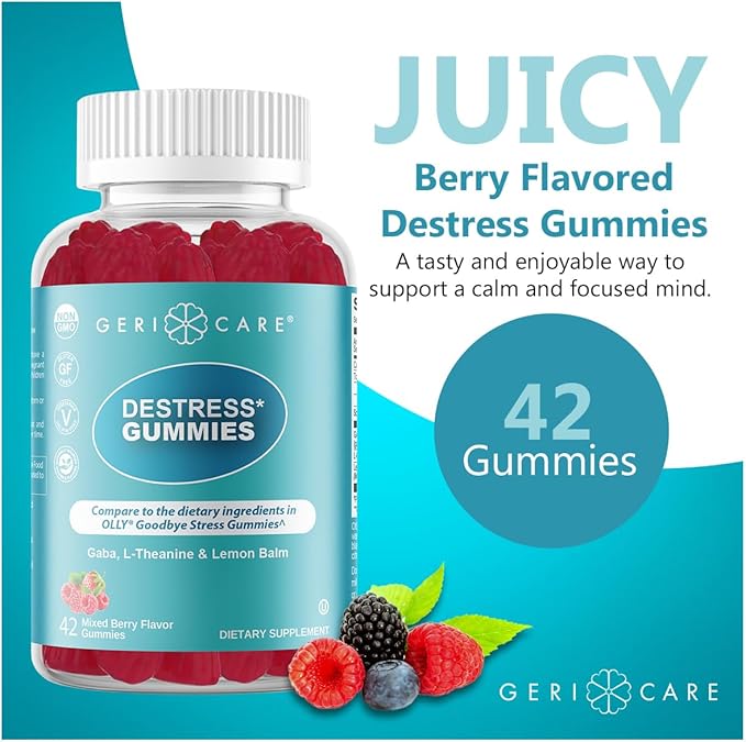 GeriCare DeStress Gummies with GABA, L-Theanine & Lemon Balm, Berry Flavor, 42 Count, Supports Relaxation & Mental Clarity, Non-GMO, Gluten-Free, Vegan (2 Pack)