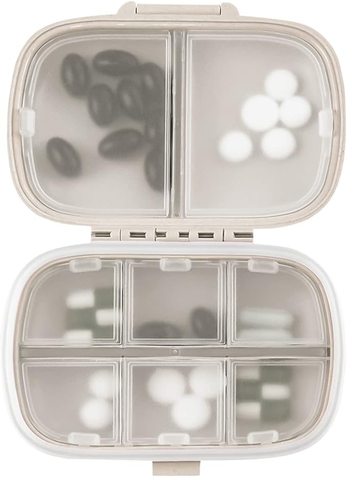 1Pack Travel Pill Organizer, 8 Compartments Portable Pill Case, Small Pill Box for Pocket Purse Portable Medicine Vitamin Container Beige