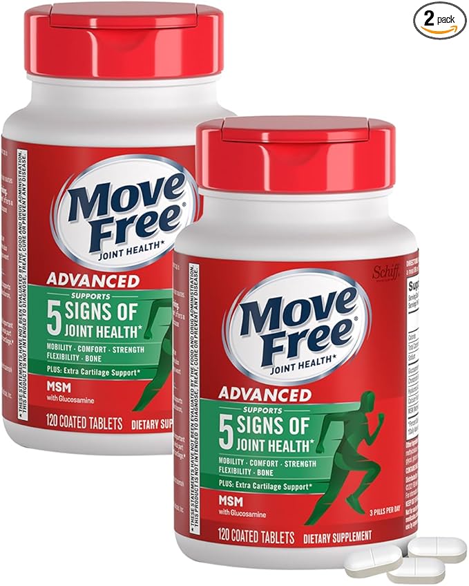 Move Free Advanced Glucosamine Chondroitin MSM Joint Support Supplement, Supports Mobility, Comfort, Strength, Flexibility & Bone, 120 Tablets/40 Servings (2 Pack)
