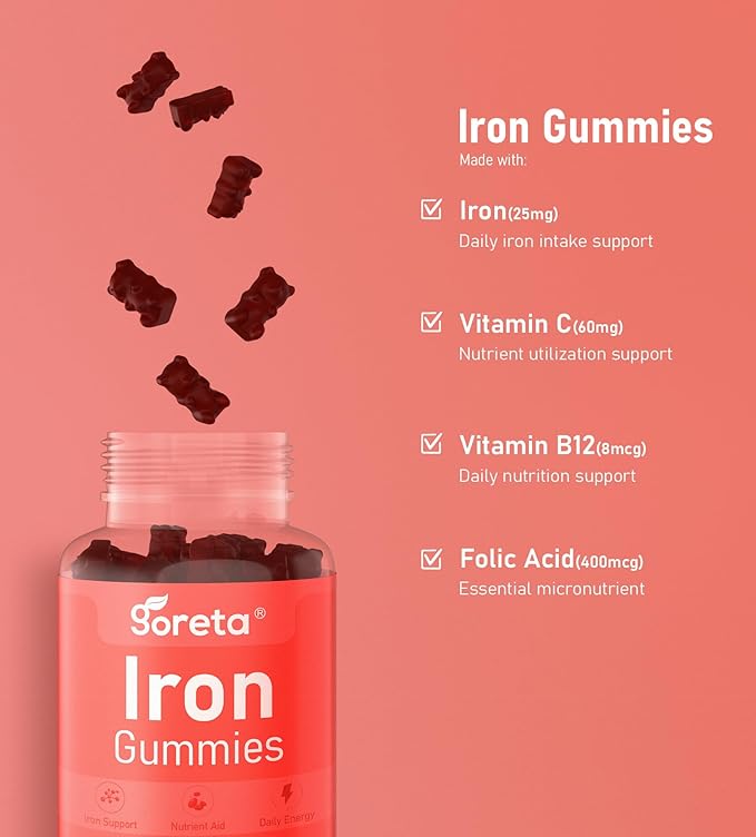 Iron Gummies for Women & Men, Gentle Iron Bisglycinate 25mg with Vitamin C, B12 & Folic Acid, Pectin-Based, Cherry Flavor, 60 Count (30 Servings)
