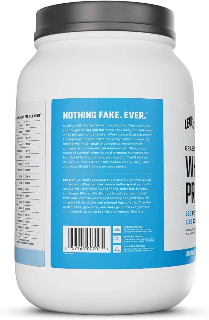 Levels Grass Fed Whey Protein Powder, No Artificials, 25G of Protein, Unflavored, 2LB