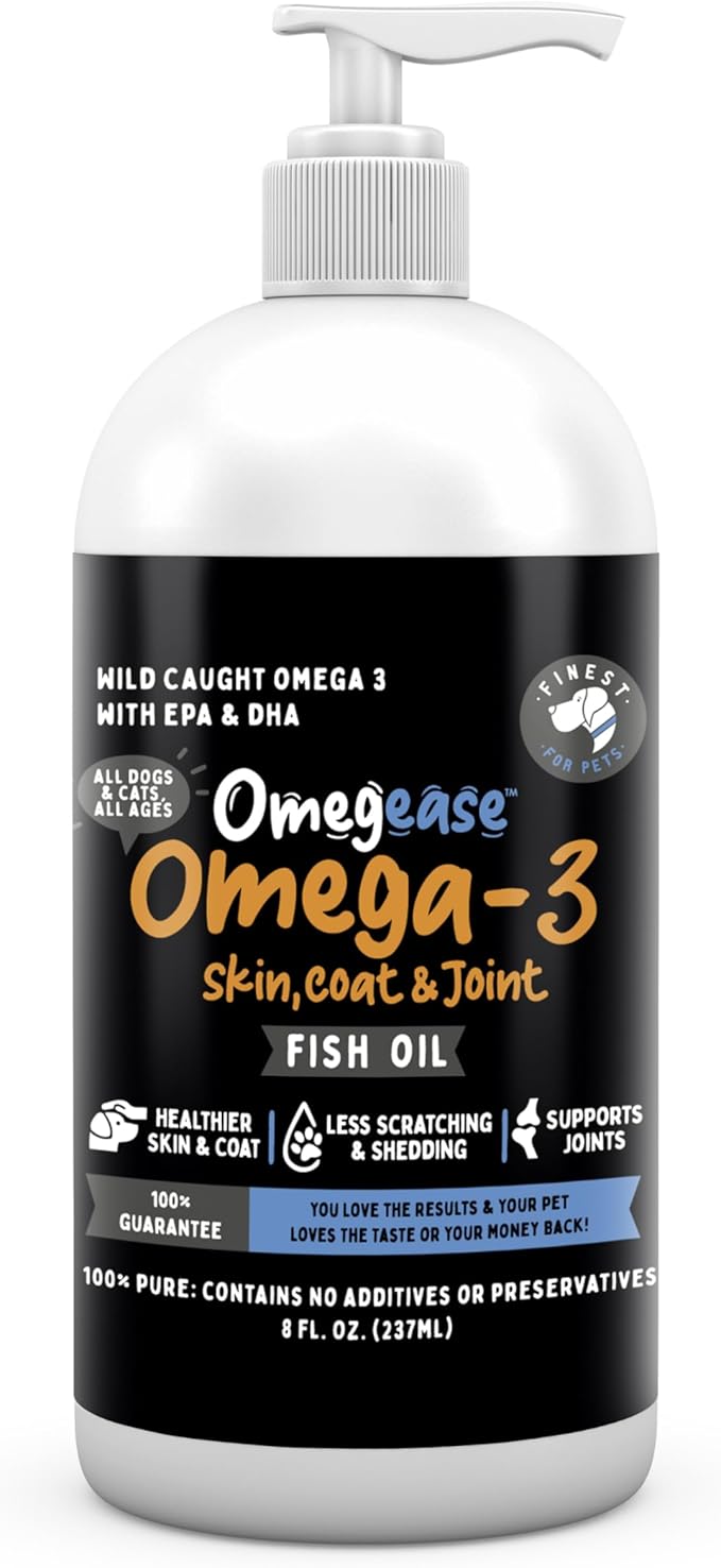 100% Pure Fish Oil for Dogs & Cats (1,545mg Omega 3 per Teaspoon) 8oz. Loaded with EPA & DHA for Joints, Skin & Coat, Itching, Heart & Immune Health. Stronger Than Salmon Oil. Unflavored Omegease.