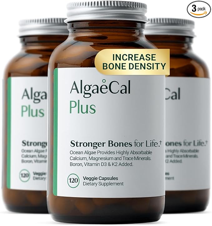 ALGAECAL Organic Red Algae Calcium Supplement for Bone Density & Strength, Vitamin K2 MK7 (100mg), Vitamin D3 (1600 IU), Magnesium (350mg) & Trace Minerals, Easy to Swallow, 120 Veggie Caps, 3 Packs