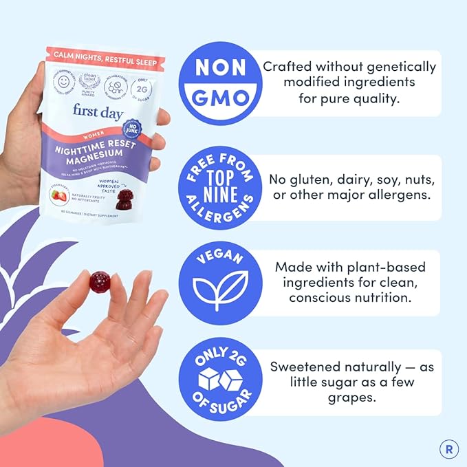 First Day Women’s Nighttime Reset Calming Magnesium Gummies – Sleep Aid Supports Peaceful Rest, Balanced Mood & Energy – Supplement with Magnesium Citrate, L-Theanine & No Melatonin – 30-Day Supply
