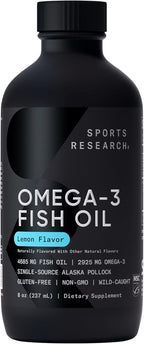 Sports Research® Omega-3 Fish Oil, 8oz Glass Bottle - 4685mg of Wild Caught Alaska Pollock Fish Oil per Serving - Easy-to-Take Liquid · Lemon Flavor · Non-GMO · MSC Certified Sustainable - 48 Servings