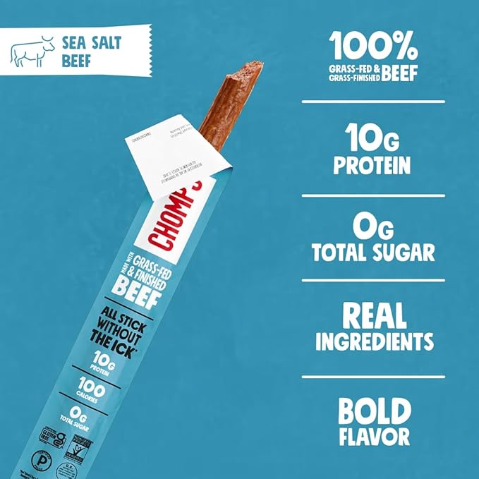 CHOMPS Grass Fed Sea Salt Beef Jerky Snack Sticks, Keto, Whole30, Paleo, Gluten Free, Sugar Free, Low Carb, AIP Diet Compliant, 1.15 Oz, Pack of 24