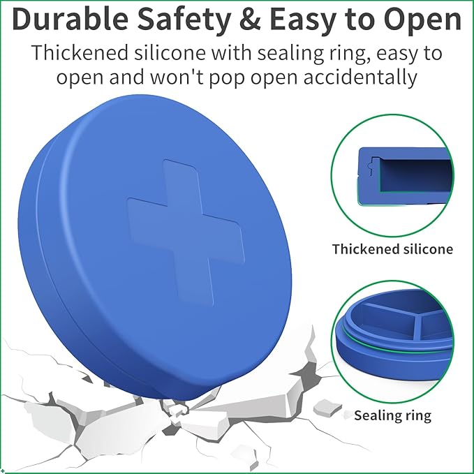 2 Pack Small Pill Box,Premium Thick Silicone 3 Compartment Travel Pill Box for Home/Desk Organizer, Portable Compact Medicine Holder for Vitamin, Cod Liver Oil, Supplement(Purple+Blue)