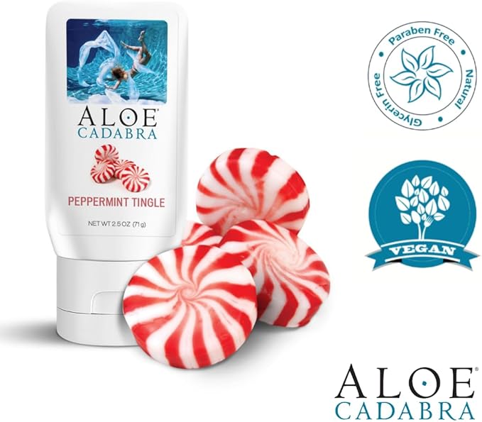 Aloe Cadabra Flavored Personal Lubricant and Vaginal Moisturizer, Organic Edible Aloe Lube for Men, Women and Couples, Non-Staining, pH Balanced, Toy Compatible (Peppermint, 2.5 Ounces, 1 Pack)