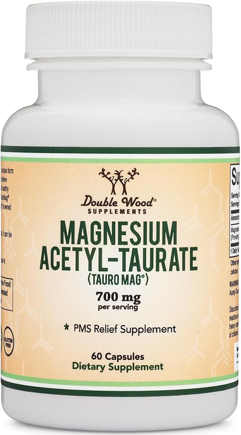 Magnesium Acetyl-Taurate (ATA MG, TauroMag) Novel and Patented Form of Magnesium for PMS and Cramp Relief (60 Capsules, 350mg) PMS Relief Magnesium Supplement by Double Wood Supplements