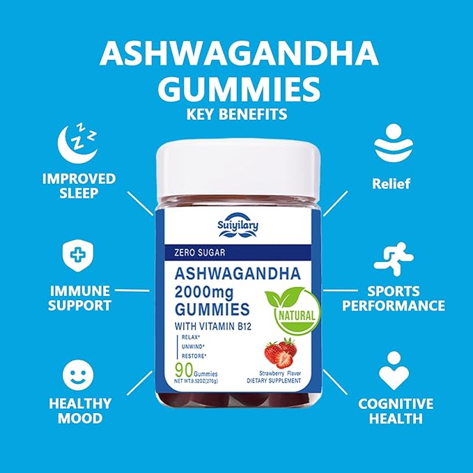 Suiyilary Ashwagandha Gummies 2000mg, Ashwagandha High Strength Root Extract Supplement with Vitamin B12 for Men Women, Strawberry Flavour 45 Days Supply 90 Gummies