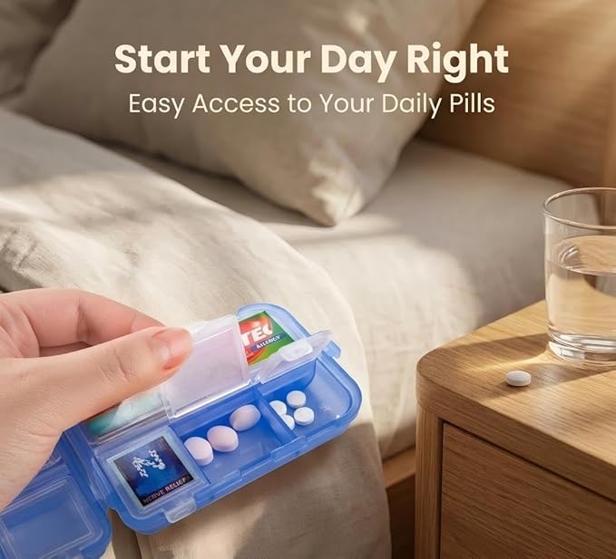Pill Organizer with Medicine Labels Travel Daily Pill Container Mini Medication Organizer Storage Pill Organizer Travel Essentials Pill Case 7 Day (Blue & 161 Lables)