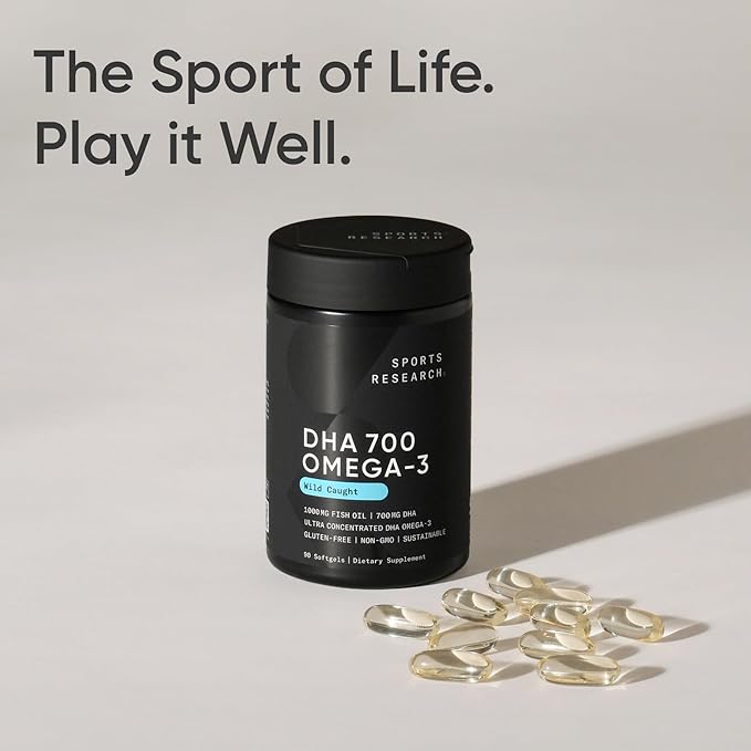 Sports Research® DHA Omega-3 Fish Oil 700 mg – Single Source Wild-Caught Fish – Supports Brain Health* – Burpless, Non-GMO, Gluten-Free, Sustainably Sourced – 90 Softgels