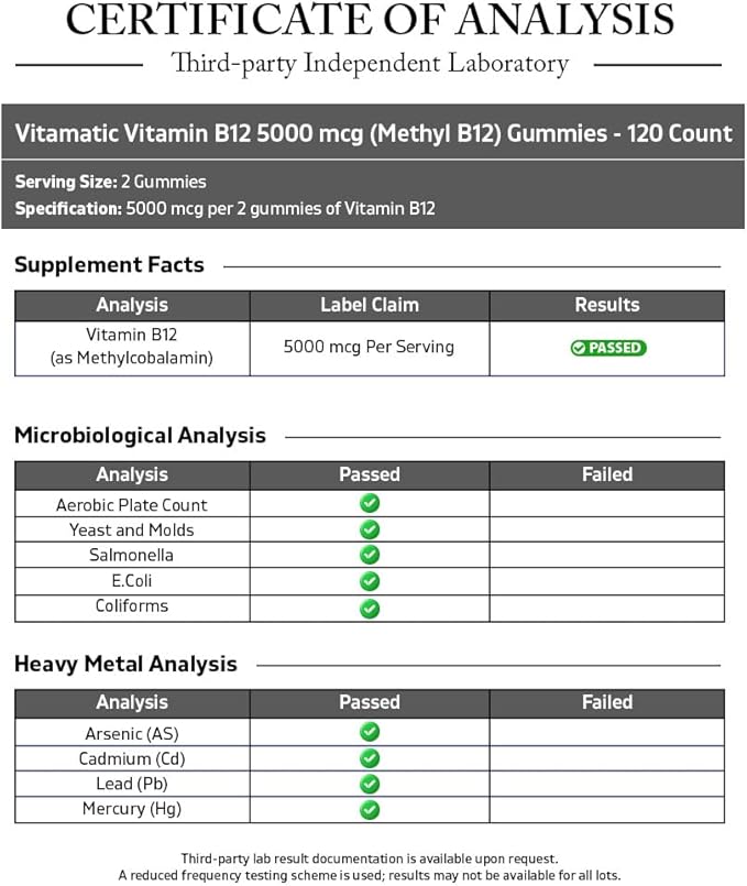 Vitamatic Extra Strength Vitamin B12 5000 mcg (Methyl B12) Gummies - 120 Count - Energy Metabolism Support and Nervous System Health Support, Natural Cherry Flavored (1)