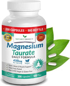 Magnesium Taurate 400mg | High Absorption | 200 Capsules for Sleep, Heart Health, Calm, Joint Supplement for Women and Men | Pure Elemental Mag Powder Plus Taurine - Extra Strength Pills