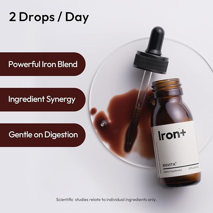 BIGVITA Iron+ | High Absorption Supplement with Microencapsulated Iron Drops + Folate, B6 & Cranberry Extract | No Metallic Taste, Mixed Berry Flavor, Gentle on Stomach | Energy & Hormonal Support