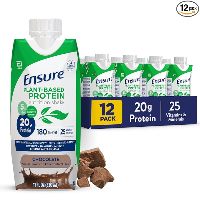 Ensure Plant-Based Protein Shake With 20g Protein, 5g Fiber, Ready to Drink, Chocolate, 11 Fl Oz, 12 Pack