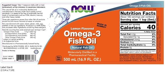 Now Supplements,Omega-3 Fish Oil Liquid,Molecularly Distilled,Lemon Flavored,16.9-Ounce,(Pack of 2)