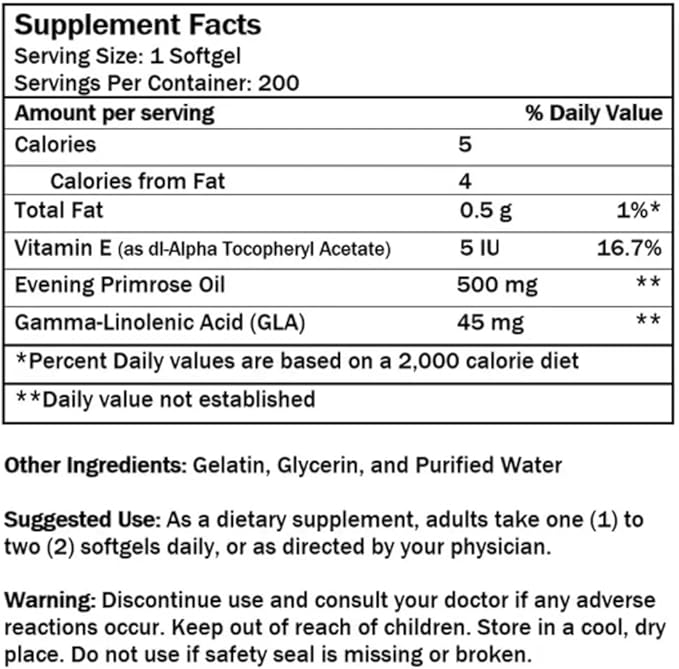Nu-Health Evening Primrose Oil 500 mg for Women | Natural Source of GLA | Evening Primrose Oil Softgels | Nutritional Support for Skin & Overall Wellness | 200 Count