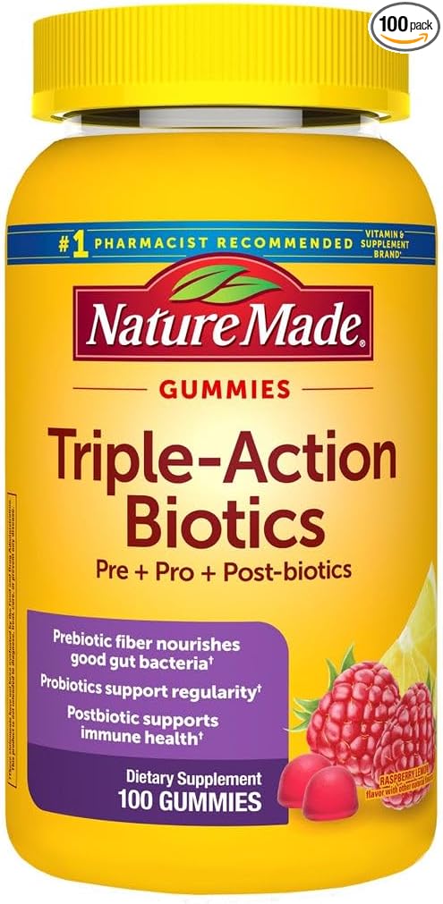 Nature Made Triple Action Biotic Gummy, 100 Gummies, Combined Prebiotic, Probiotic and PostBiotic, 50 Day Supply