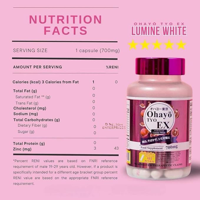 OhayoTYO EX Lumine White Glutathione 700mg, 60 Capsules
