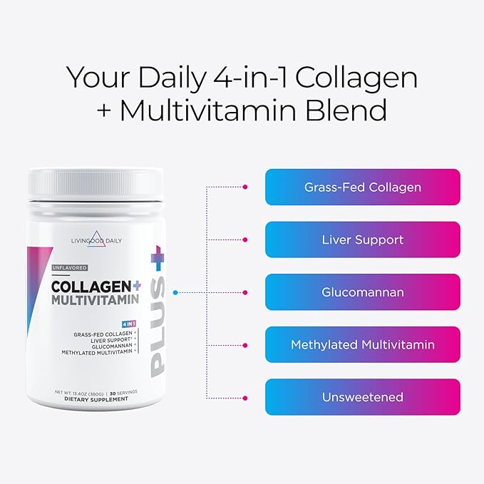 Livingood Daily Collagen Powder for Women & Men, Unflavored, Grass Fed Hydrolyzed Collagen Peptides, Protein & Multivitamins for Healthy Hair, Skin & Nails, Keto & Paleo, Gluten Free, 30 Servings