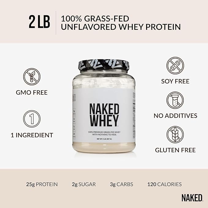 NAKED Whey 2LB 100% Grass Fed Whey Protein Powder - Only 1 Ingredient, Unflavored Whey Protein, NSF Certified, Undenatured, Gluten Free, Soy Free, No GMOs, No Preservatives