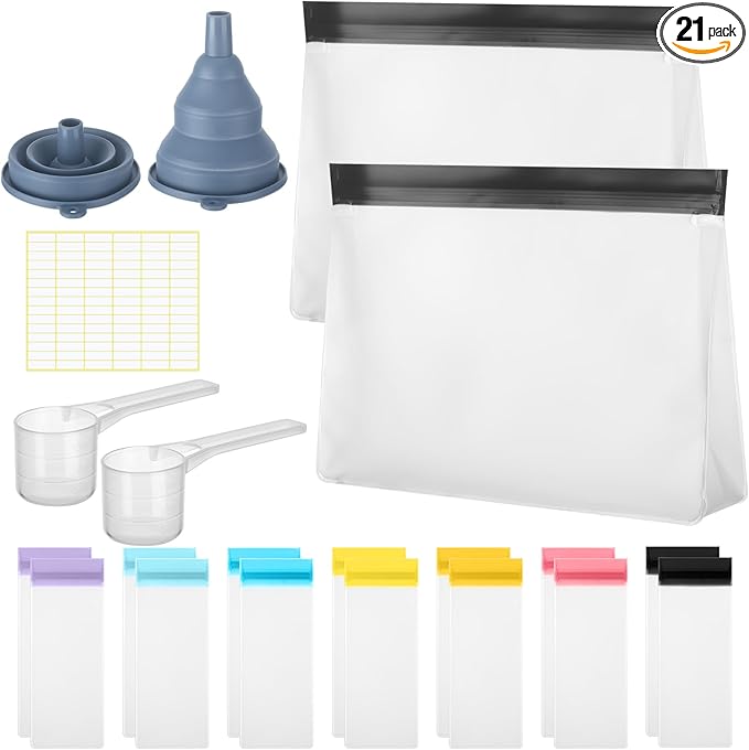 21 Pcs Protein Powder Travel Container Set Reusable Protein Powder Supplement Packets Container to Go Portable Zip up Bags Organizer with Funnels, Spoons and Labels