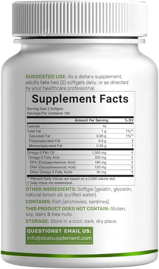 Omega-3 Fish Oil Burpless Formula from Wild Caught Deep Sea Fish, 360 Softgels | 1,000 mg Fish Oil with 180 mg EPA & 120 mg DHA per Serving | Natural Lemon Flavor | Non-GMO, cGMP Manufactured