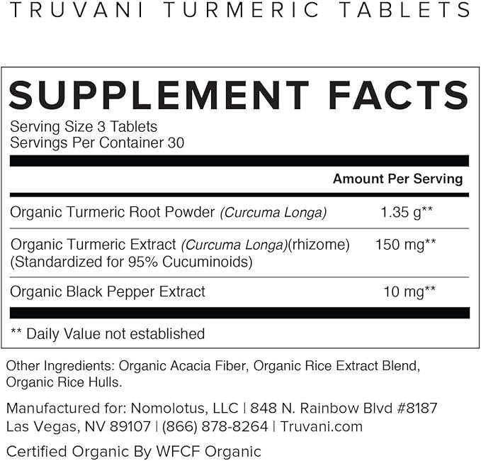 Truvani Organic Turmeric Curcumin Tablets 1,350 mg Each - Natural Joint Support with Black Pepper for Absorption - 90 Tablets