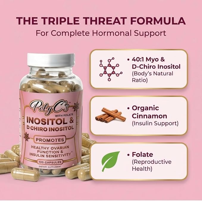 POLYC'S Inositol Supplement for Women - Myo-Inositol & D-Chiro Inositol Capsules 40:1 Ratio, Hormone Balance Aid and Women's Menstrual Health, Ovarian & Ovulation Support, Vegan, 120 Capsules