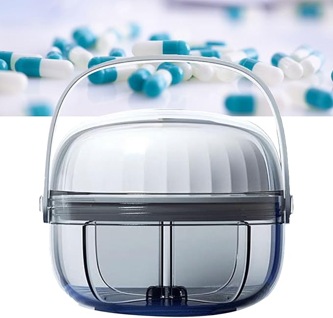 Portable Pill Dispensing Bottle with 4 Compartments Vitamin Organizer Holds Large Numbers of Supplements, Features Mix Proof and Wide Opening Design for Easy Medication Access (Gray 6.2x5.3cm)