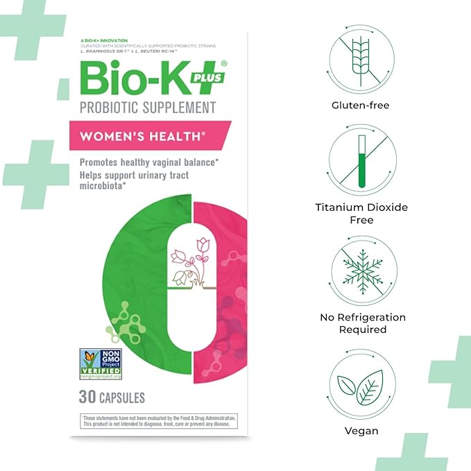 Bio-K+ Probiotic for Women support for Vaginal & Urinary Tract Health, Probiotic Supplement with 2 Billion CFU 2 Strains, Vegan, Shelf-Stable – 30 Capsules