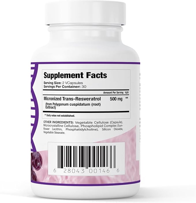 Liposomal Trans Resveratrol 500mg, 60 Vegan Capsules to Support Cellular Health, Antioxidant Activity & Overall Wellness - Non-GMO Trans Resveratrol Supplement for Daily Vitality