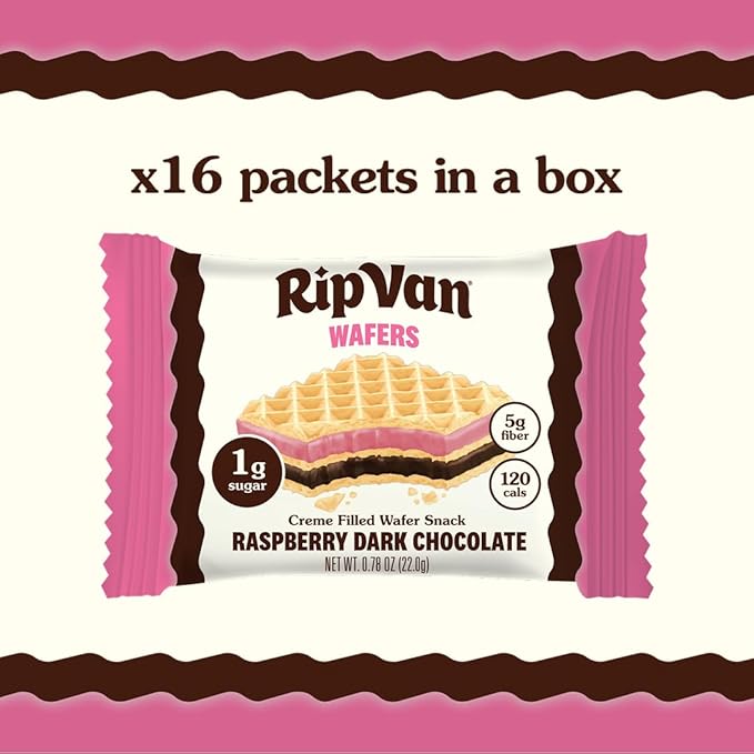 Rip Van Raspberry & Dark Chocolate Wafer Cookies - Healthy Snacks - Non GMO Keto Cookies - Keto Snacks - Low Carb, Low Sugar (1g), Low Calorie and Vegan Snack - 16 Count