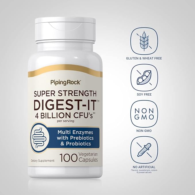 Piping Rock Digestive Enzymes for Women and Men | 100 Capsules | 4 Billion CFU | Multi Supplement with Probiotics and Prebiotics | Extra Strength Pills | Non-GMO, Gluten Free